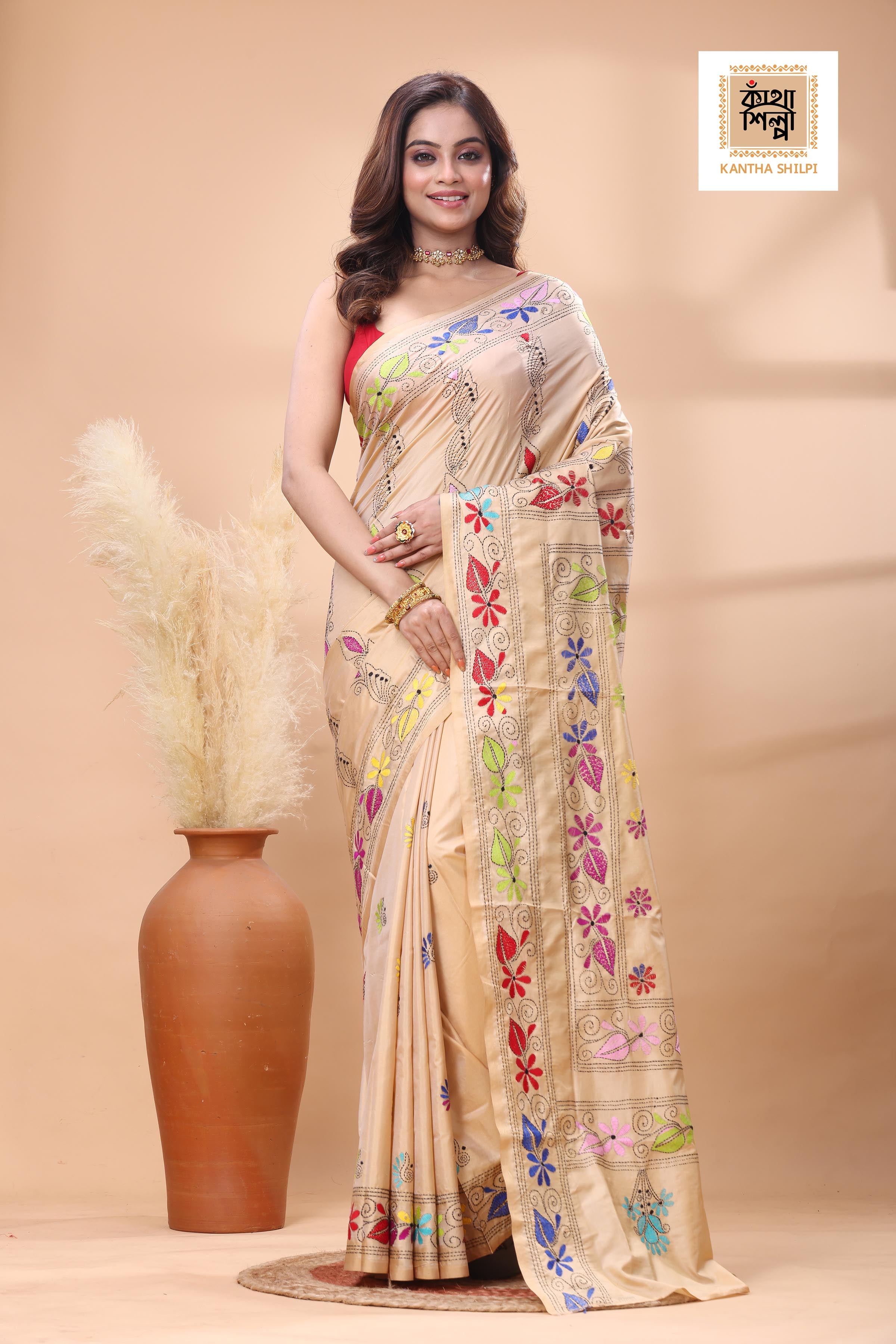 Beige Color Bangalore Silk Multicolor Thread Work Kantha Stitch Saree