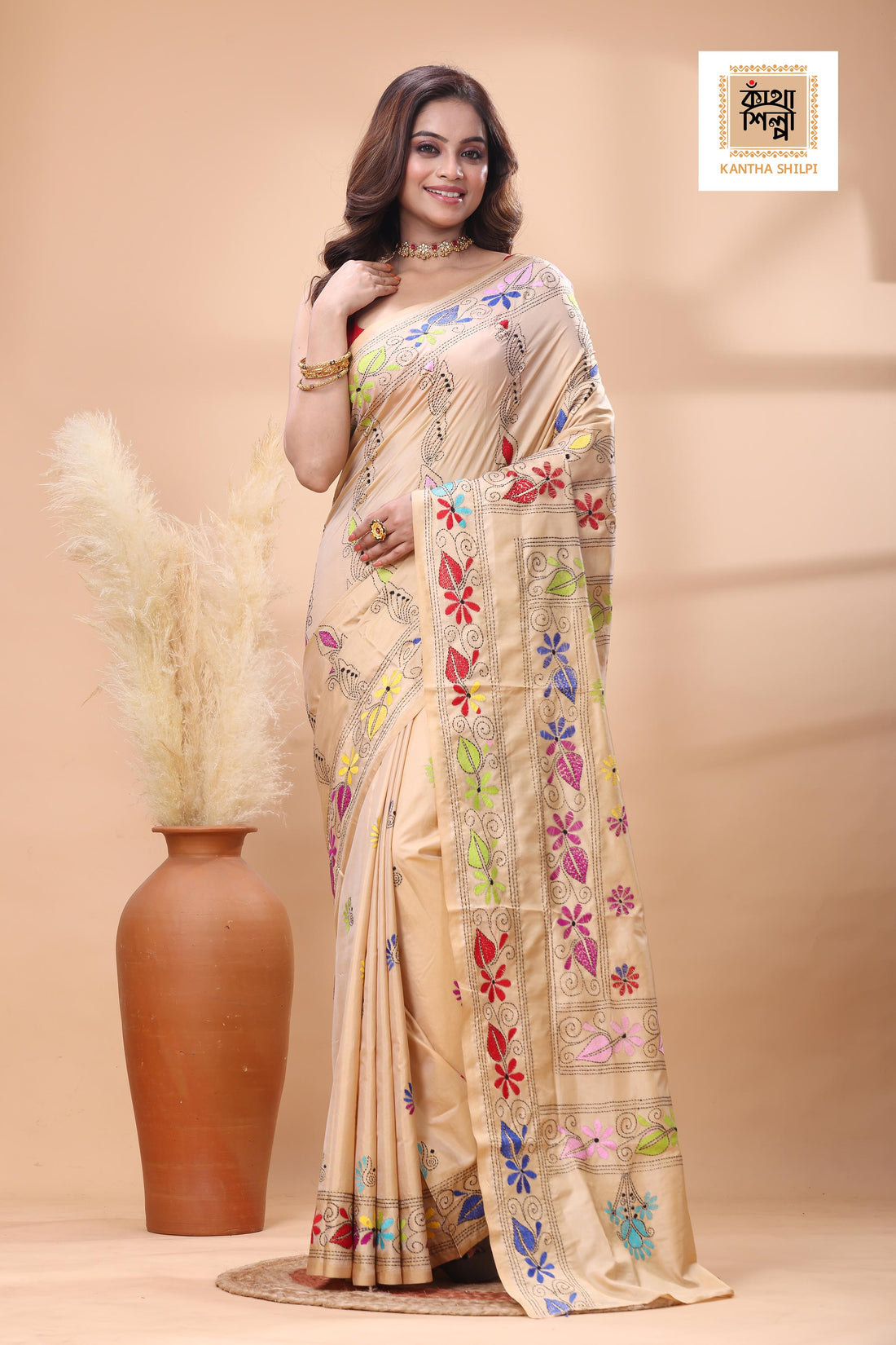 Beige Color Bangalore Silk Multicolor Thread Work Kantha Stitch Saree