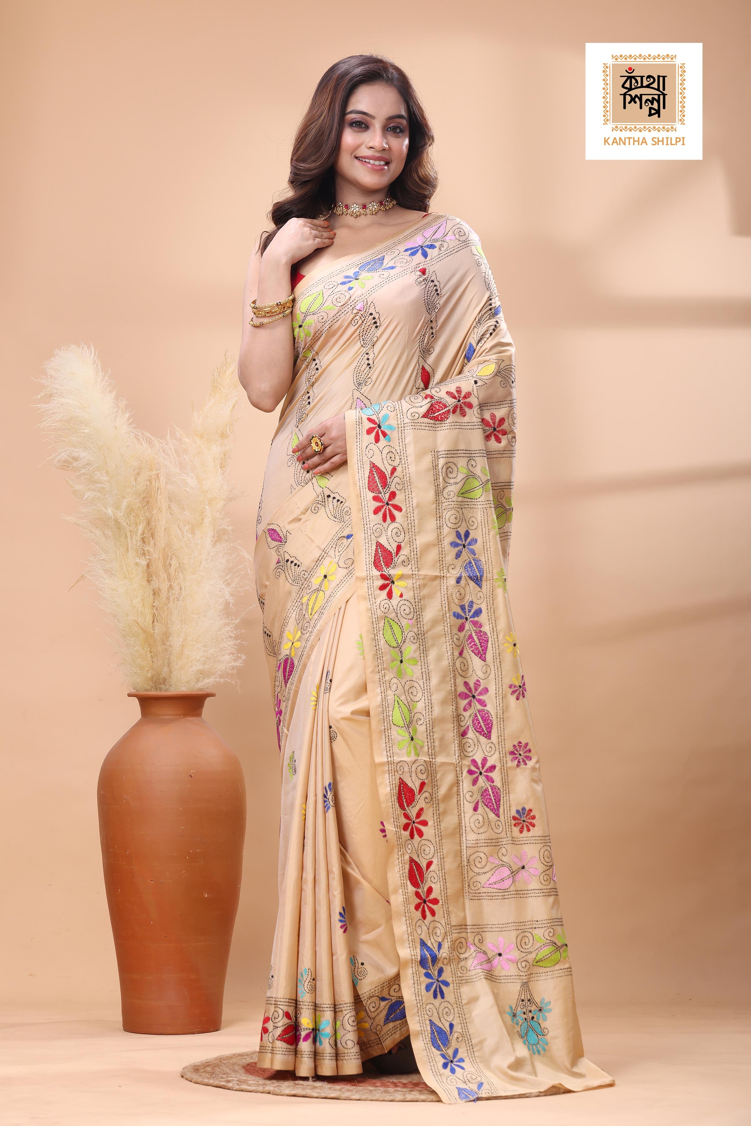 Beige Color Bangalore Silk Multicolor Thread Work Kantha Stitch Saree