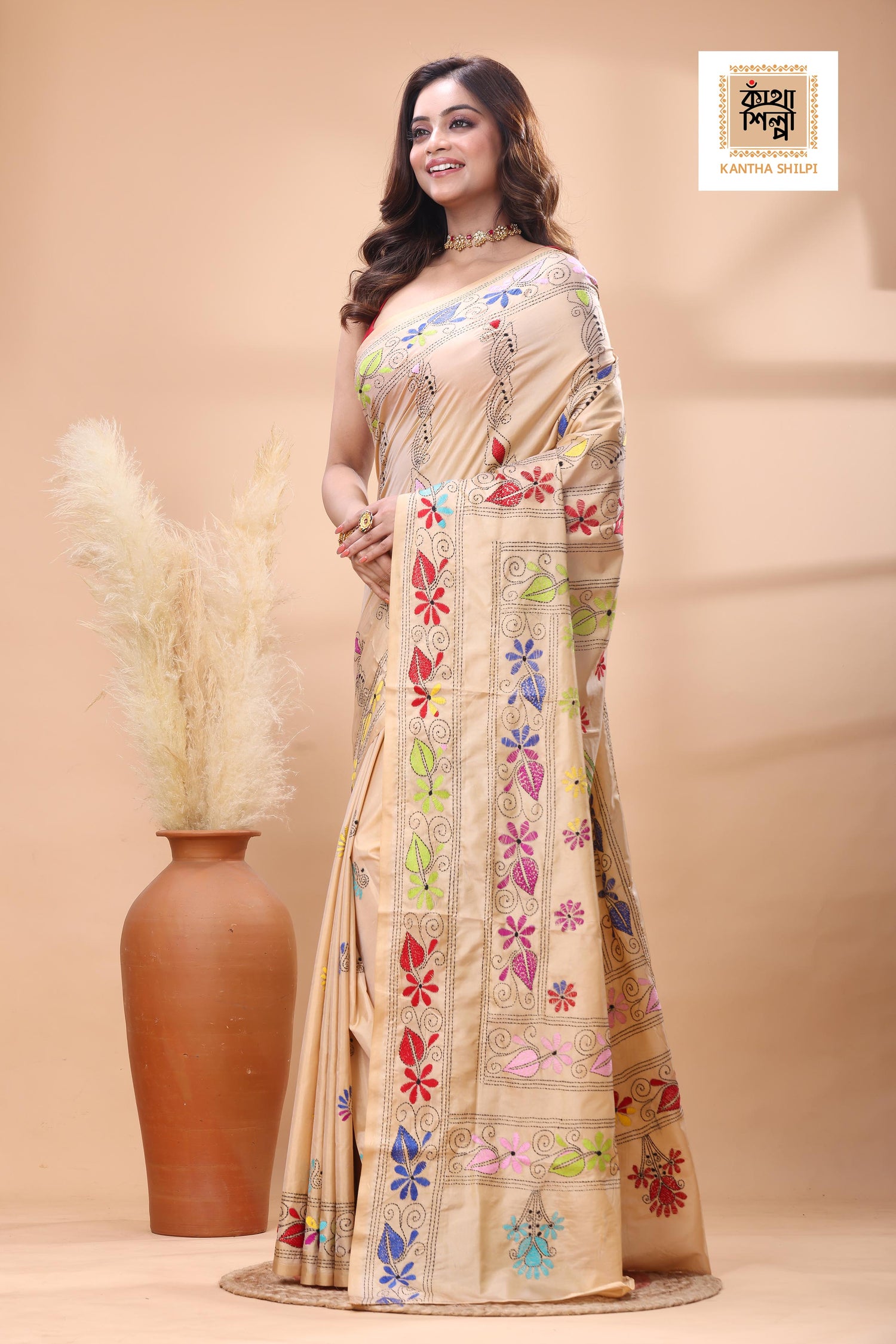 Beige Color Bangalore Silk Multicolor Thread Work Kantha Stitch Saree