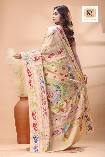 Beige Color Bangalore Silk Multicolor Thread Work Kantha Stitch Saree