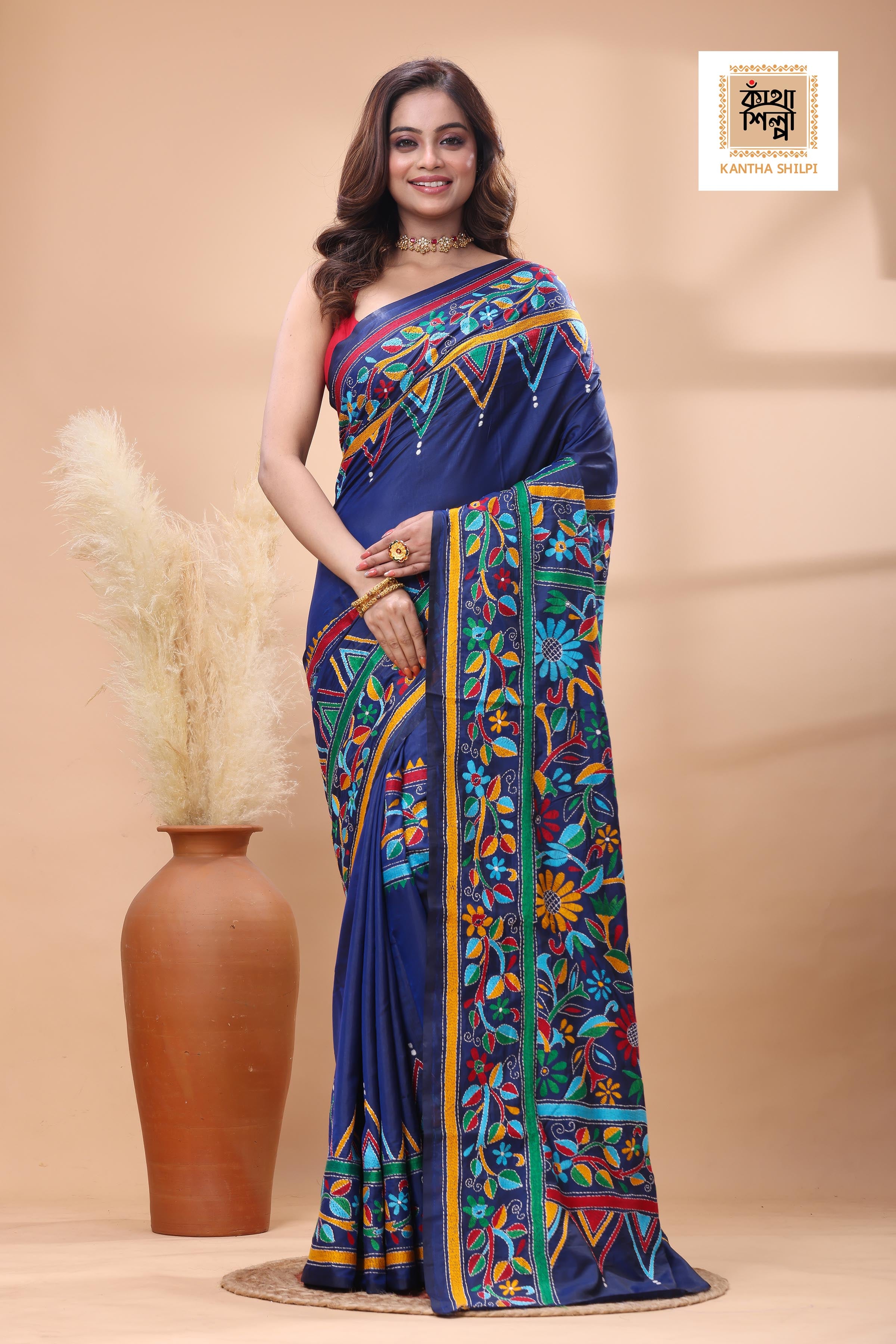 Blue Color Bangalore Silk Multicolor Thread Work Kantha Stitch Saree