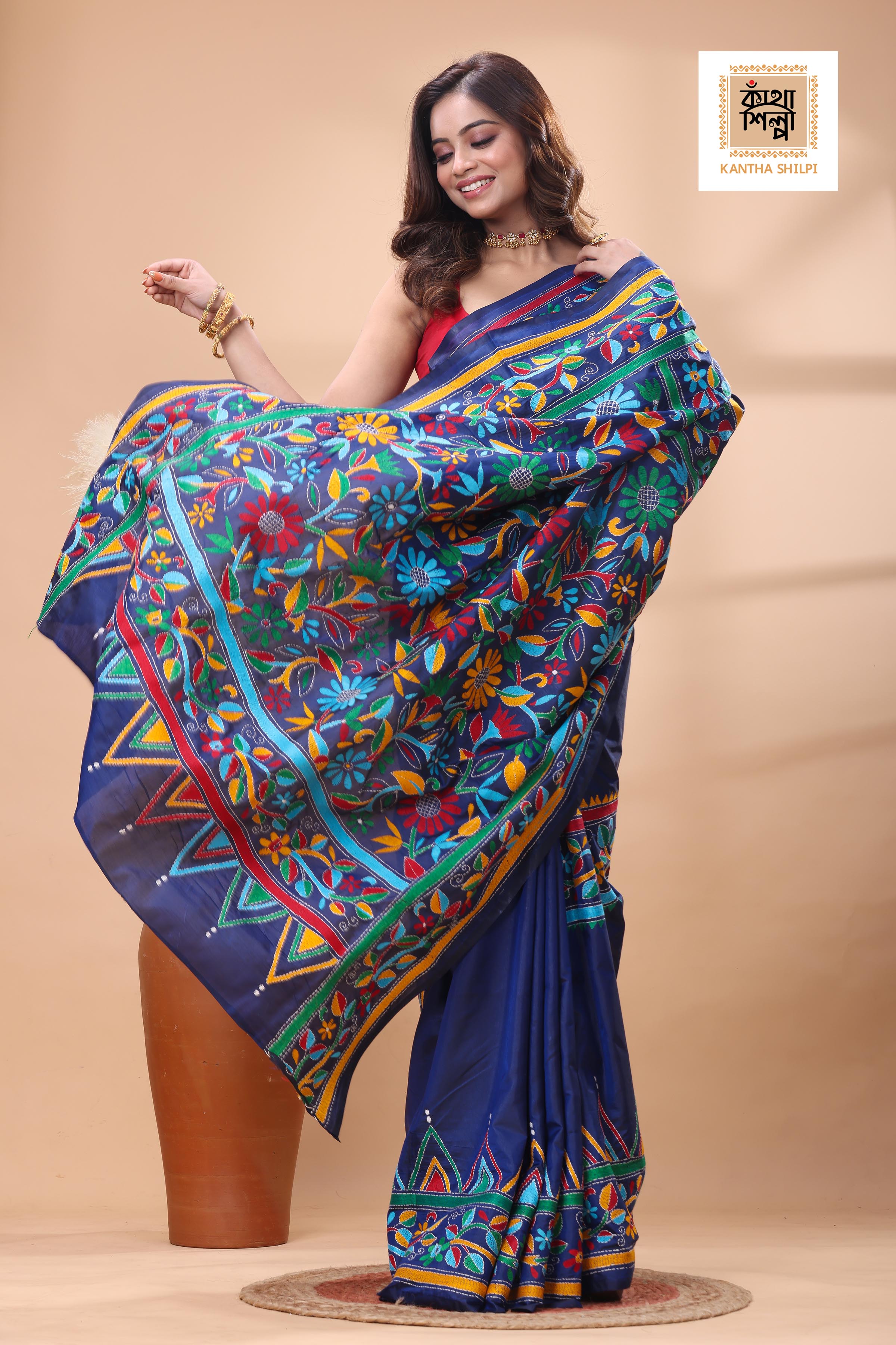 Blue Color Bangalore Silk Multicolor Thread Work Kantha Stitch Saree
