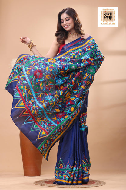 Blue Color Bangalore Silk Multicolor Thread Work Kantha Stitch Saree