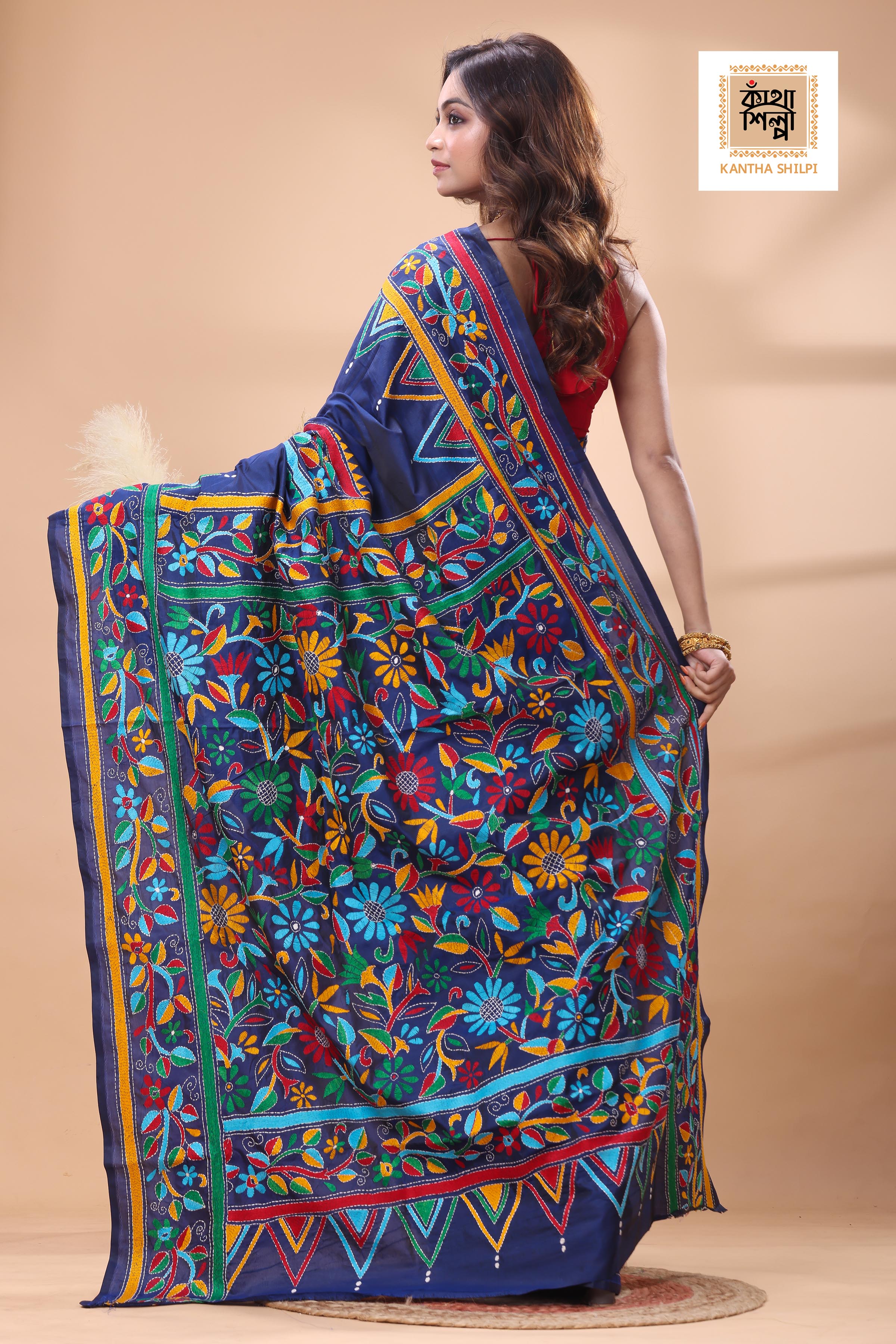Blue Color Bangalore Silk Multicolor Thread Work Kantha Stitch Saree