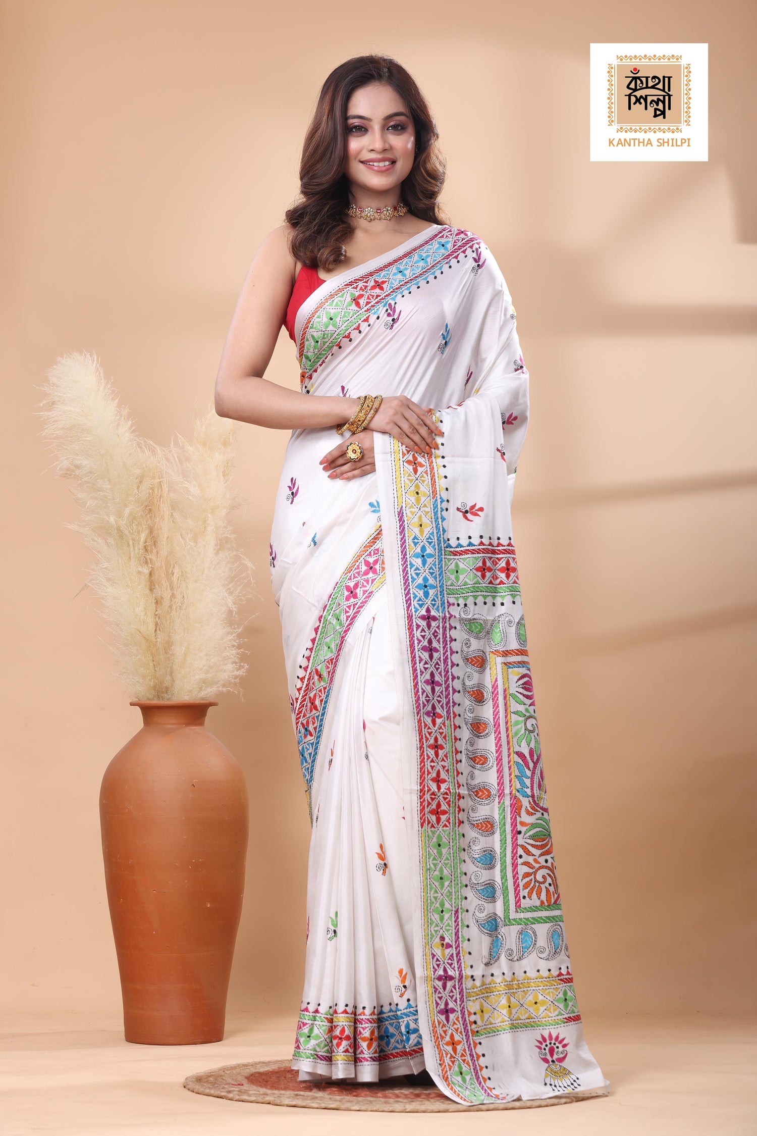 White Color Bangalore Silk Multicolor Thread Work Kantha Stitch Saree