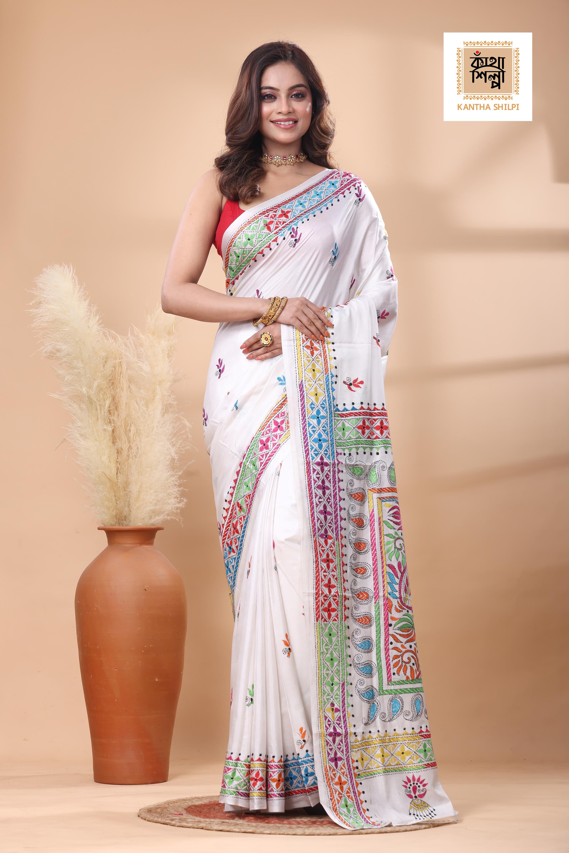 White Color Bangalore Silk Multicolor Thread Work Kantha Stitch Saree