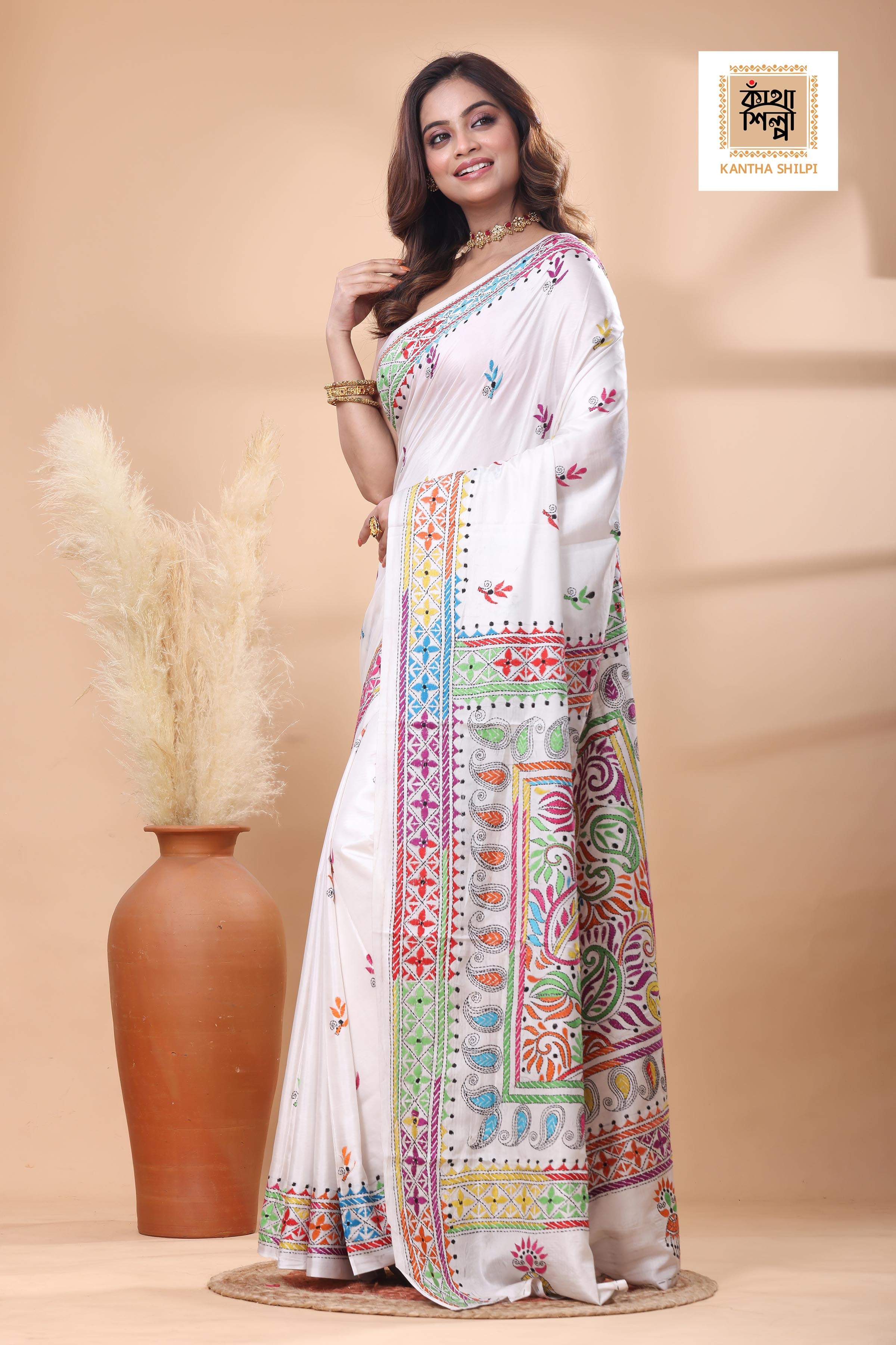 White Color Bangalore Silk Multicolor Thread Work Kantha Stitch Saree