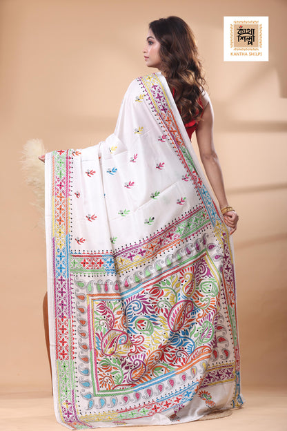 White Color Bangalore Silk Multicolor Thread Work Kantha Stitch Saree