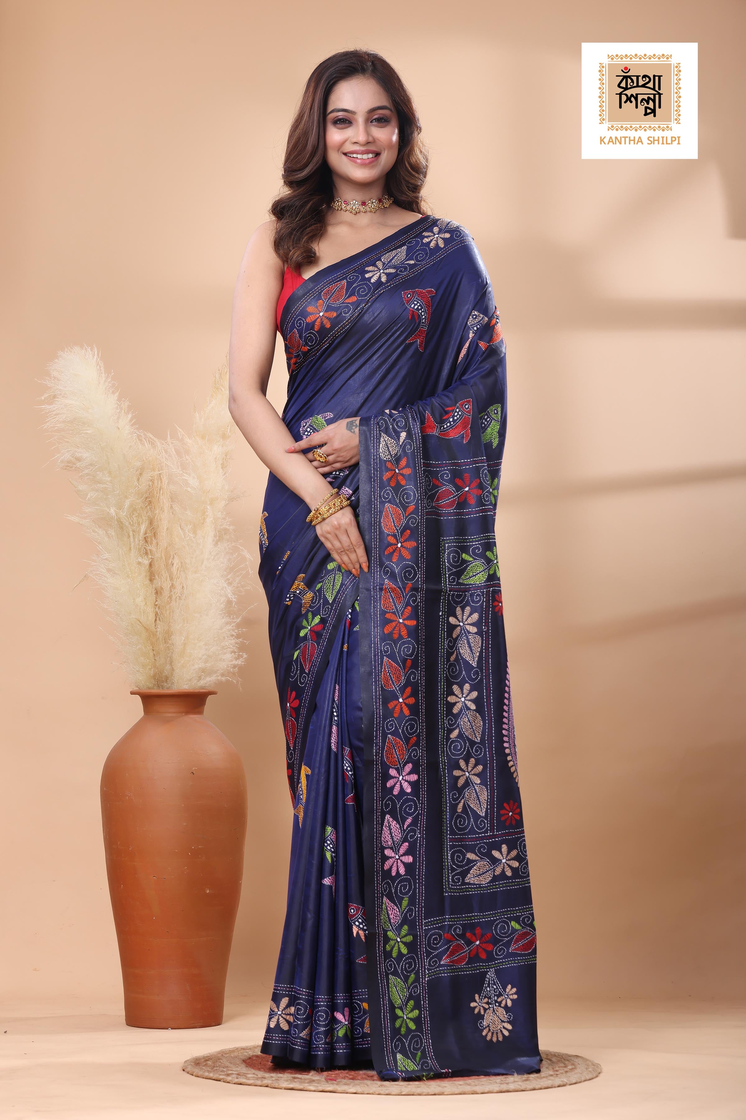 Blue Color Bangalore Silk Multicolor Thread Work Kantha Stitch Saree
