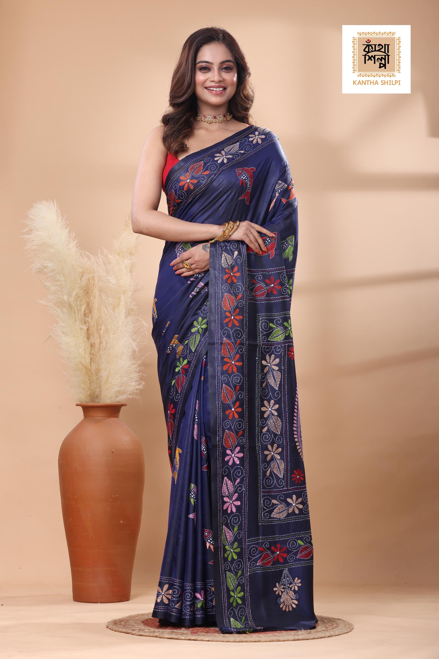 Blue Color Bangalore Silk Multicolor Thread Work Kantha Stitch Saree