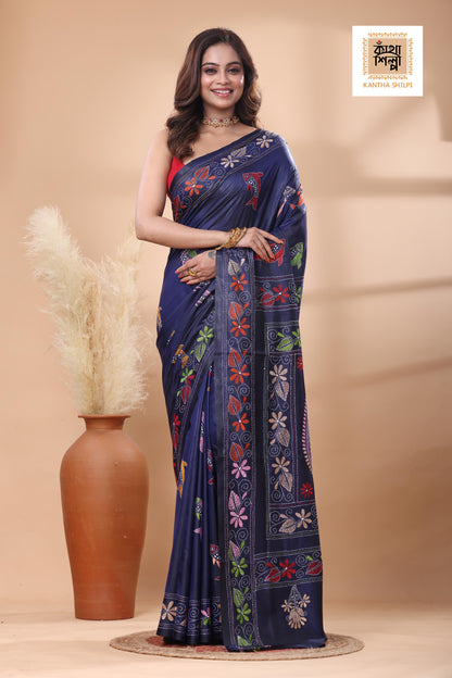 Blue Color Bangalore Silk Multicolor Thread Work Kantha Stitch Saree