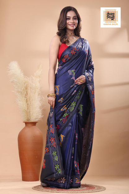 Blue Color Bangalore Silk Multicolor Thread Work Kantha Stitch Saree