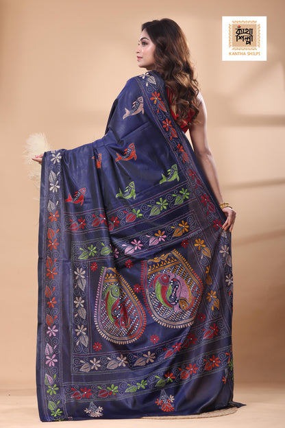 Blue Color Bangalore Silk Multicolor Thread Work Kantha Stitch Saree