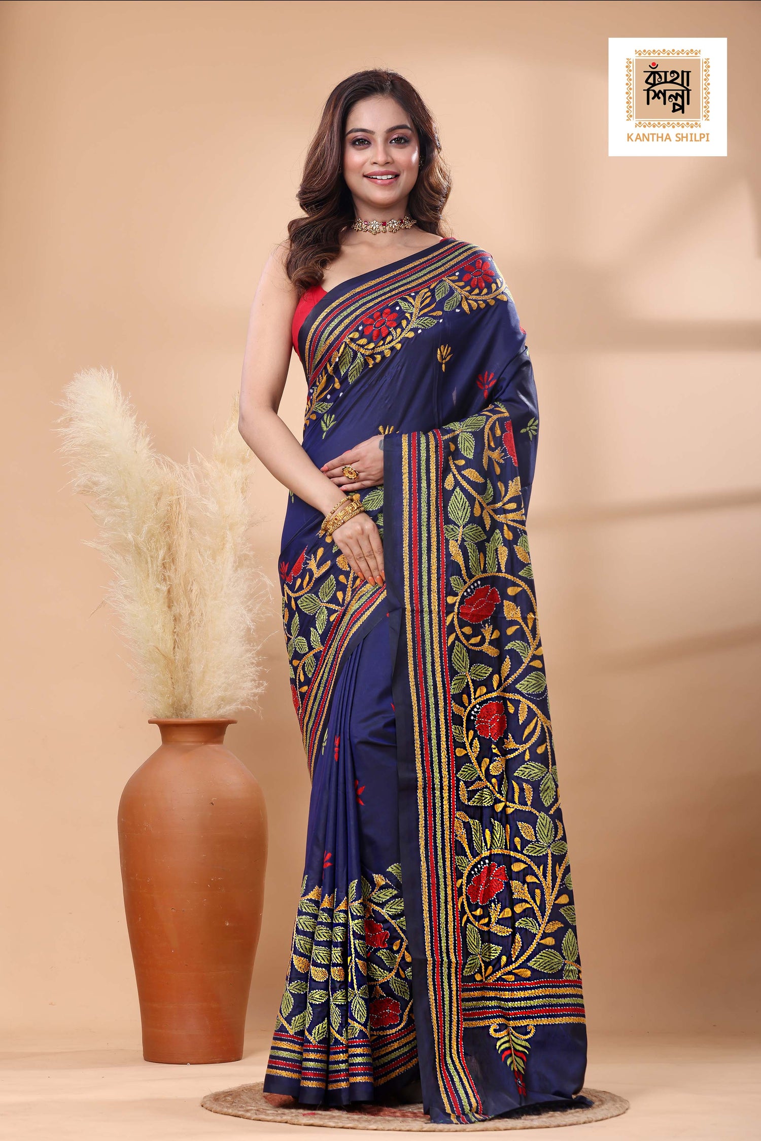 Blue Color Bangalore Silk Multicolor Thread Work Kantha Stitch Saree