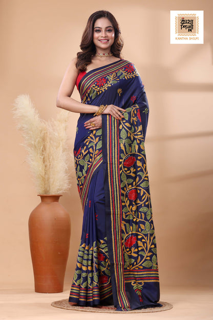 Blue Color Bangalore Silk Multicolor Thread Work Kantha Stitch Saree
