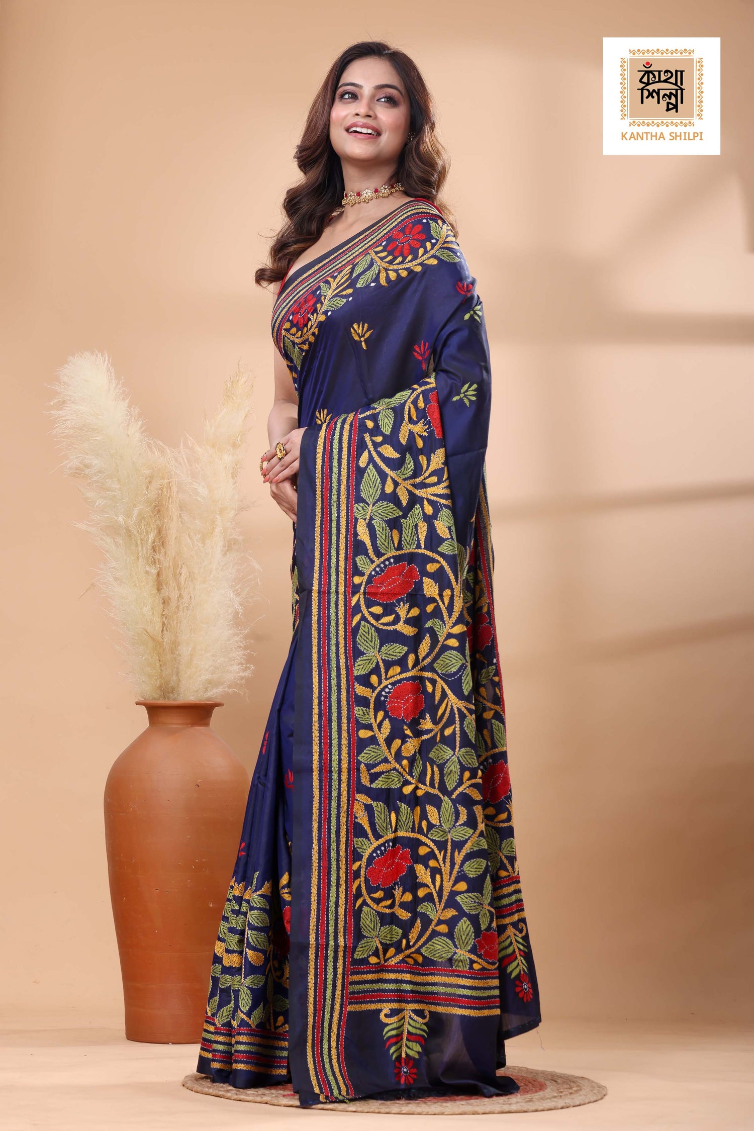 Blue Color Bangalore Silk Multicolor Thread Work Kantha Stitch Saree