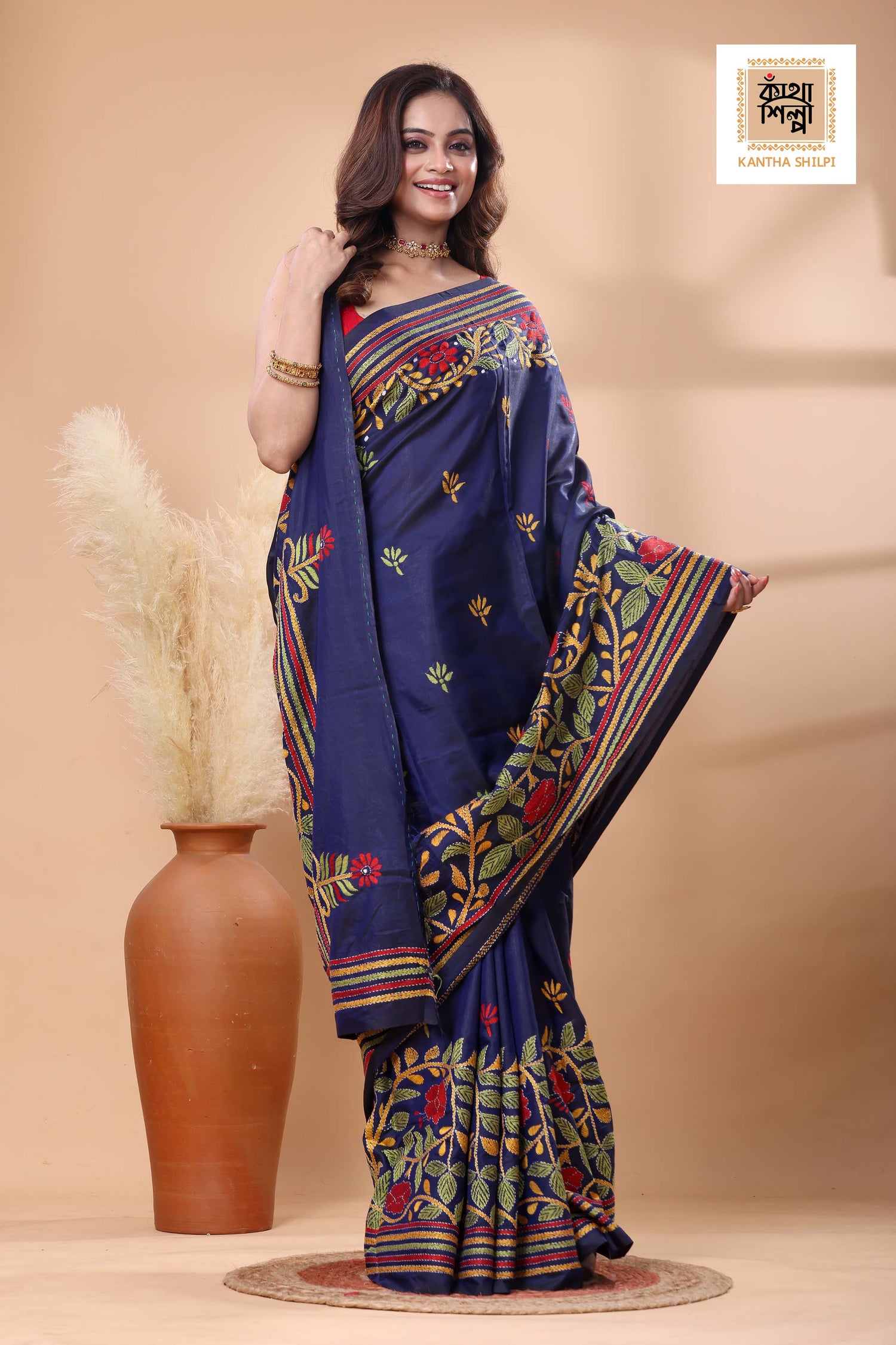 Blue Color Bangalore Silk Multicolor Thread Work Kantha Stitch Saree