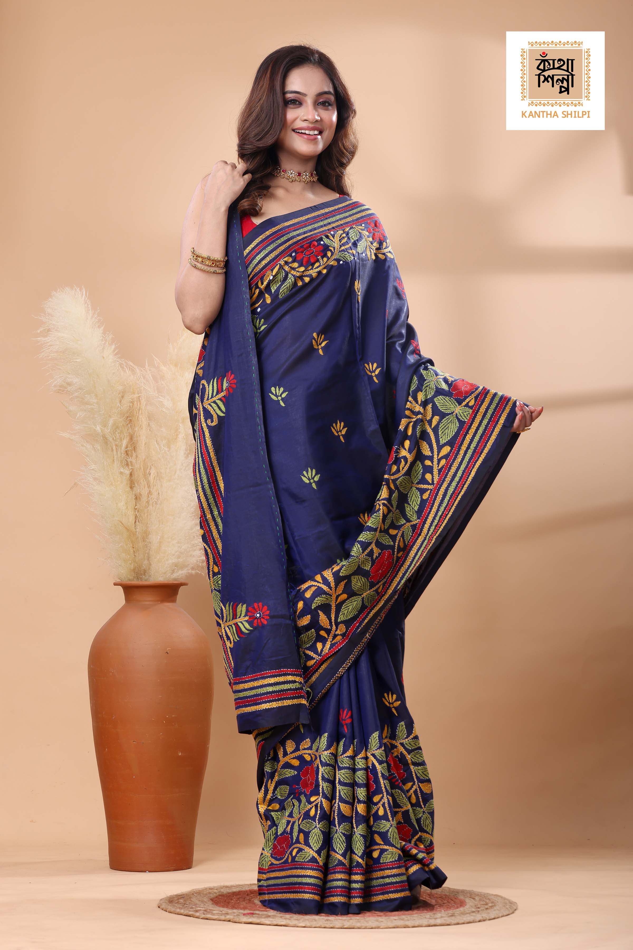Blue Color Bangalore Silk Multicolor Thread Work Kantha Stitch Saree