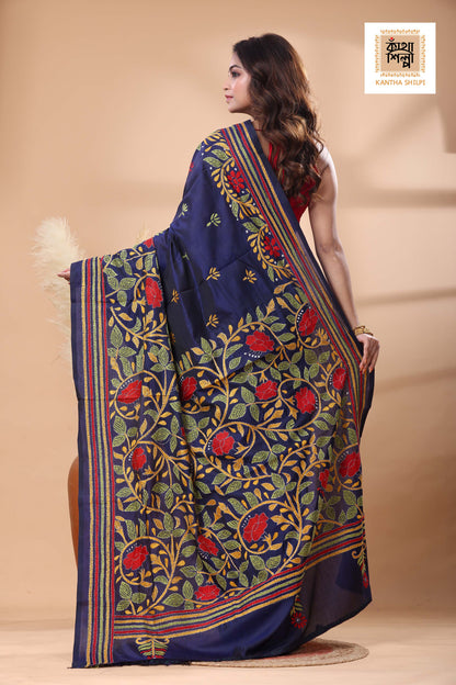 Blue Color Bangalore Silk Multicolor Thread Work Kantha Stitch Saree