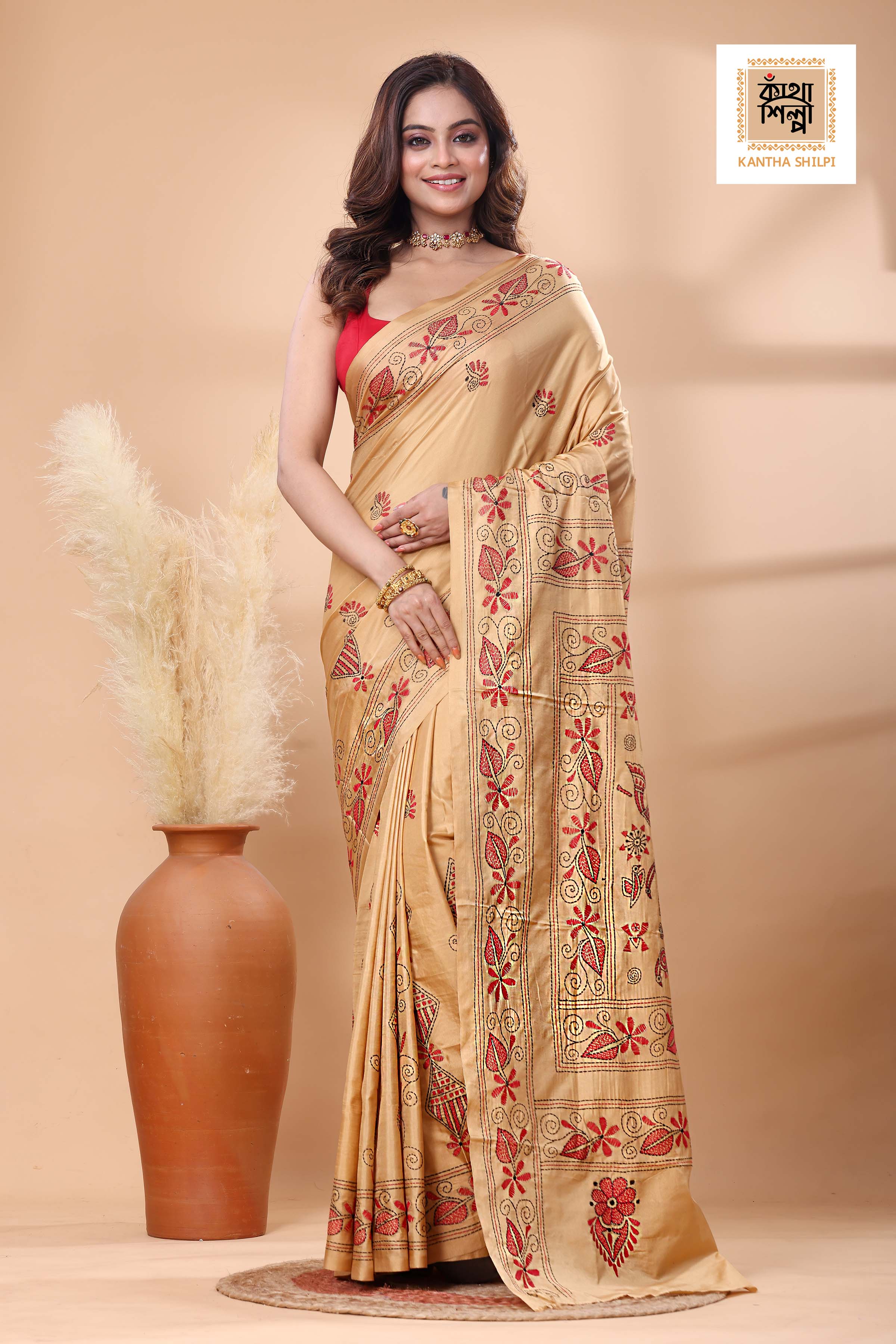 Beige Color Bangalore Silk Red Black color Thread Work Kantha Stitch Saree