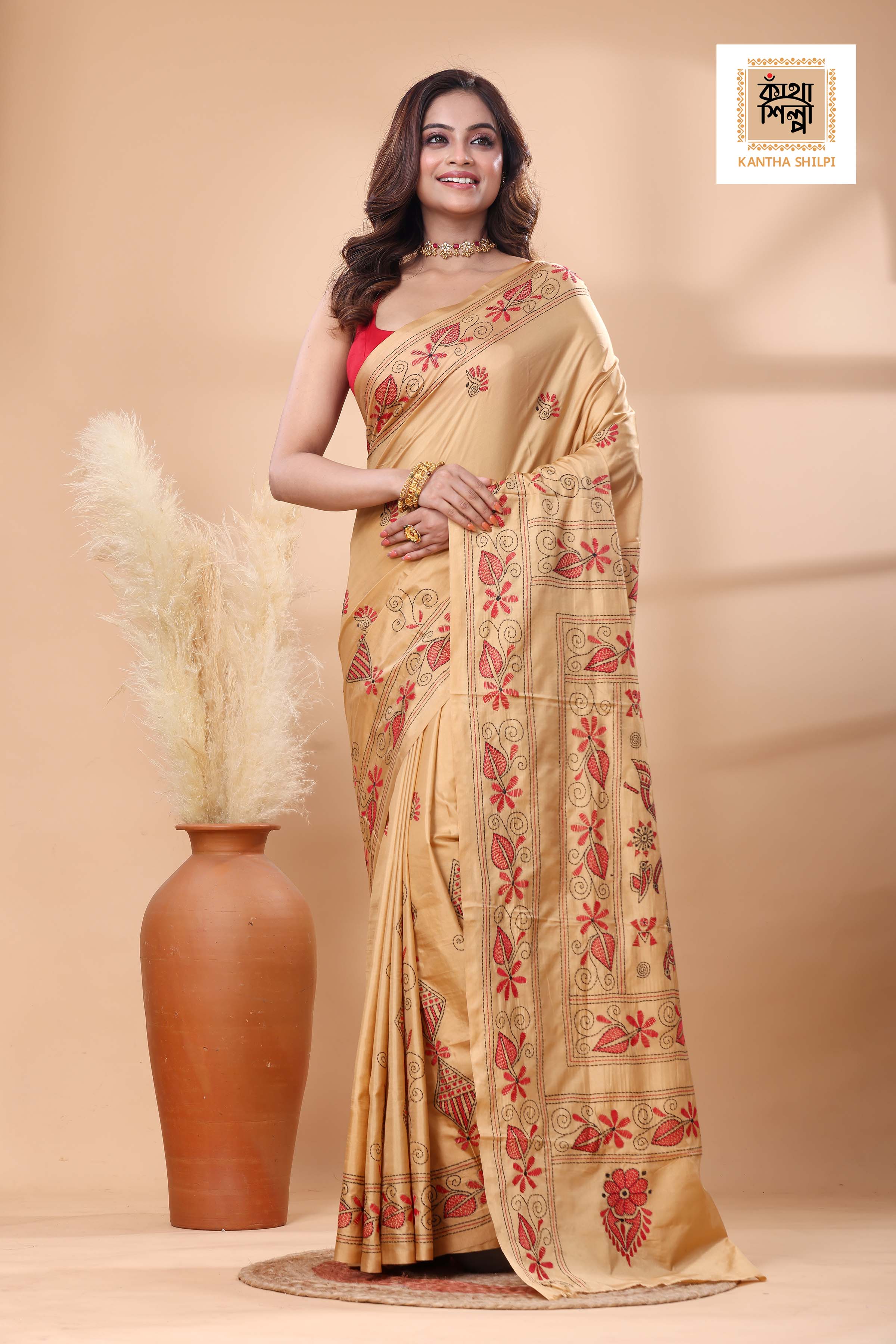 Beige Color Bangalore Silk Red Black color Thread Work Kantha Stitch Saree
