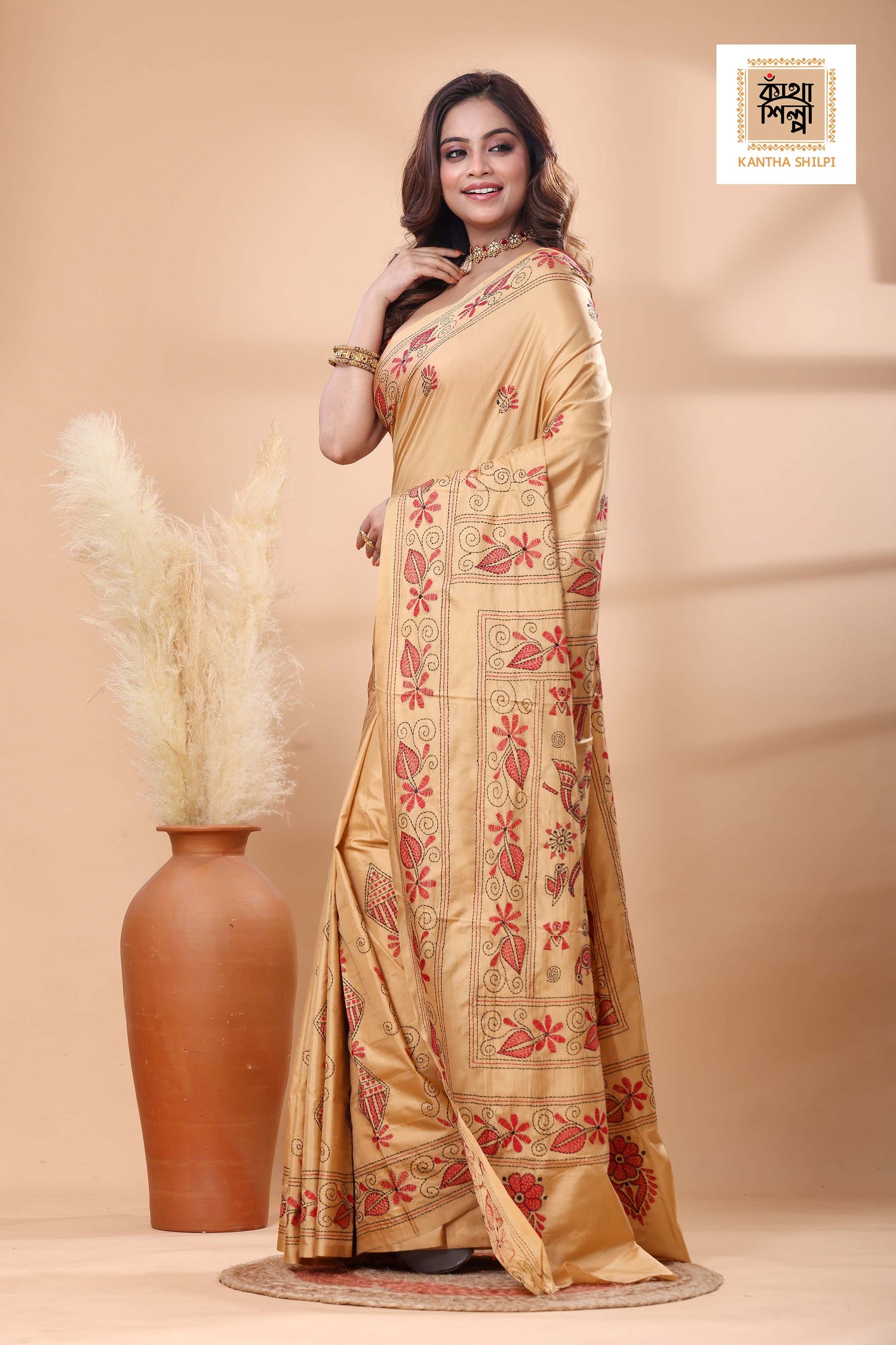 Beige Color Bangalore Silk Red Black color Thread Work Kantha Stitch Saree