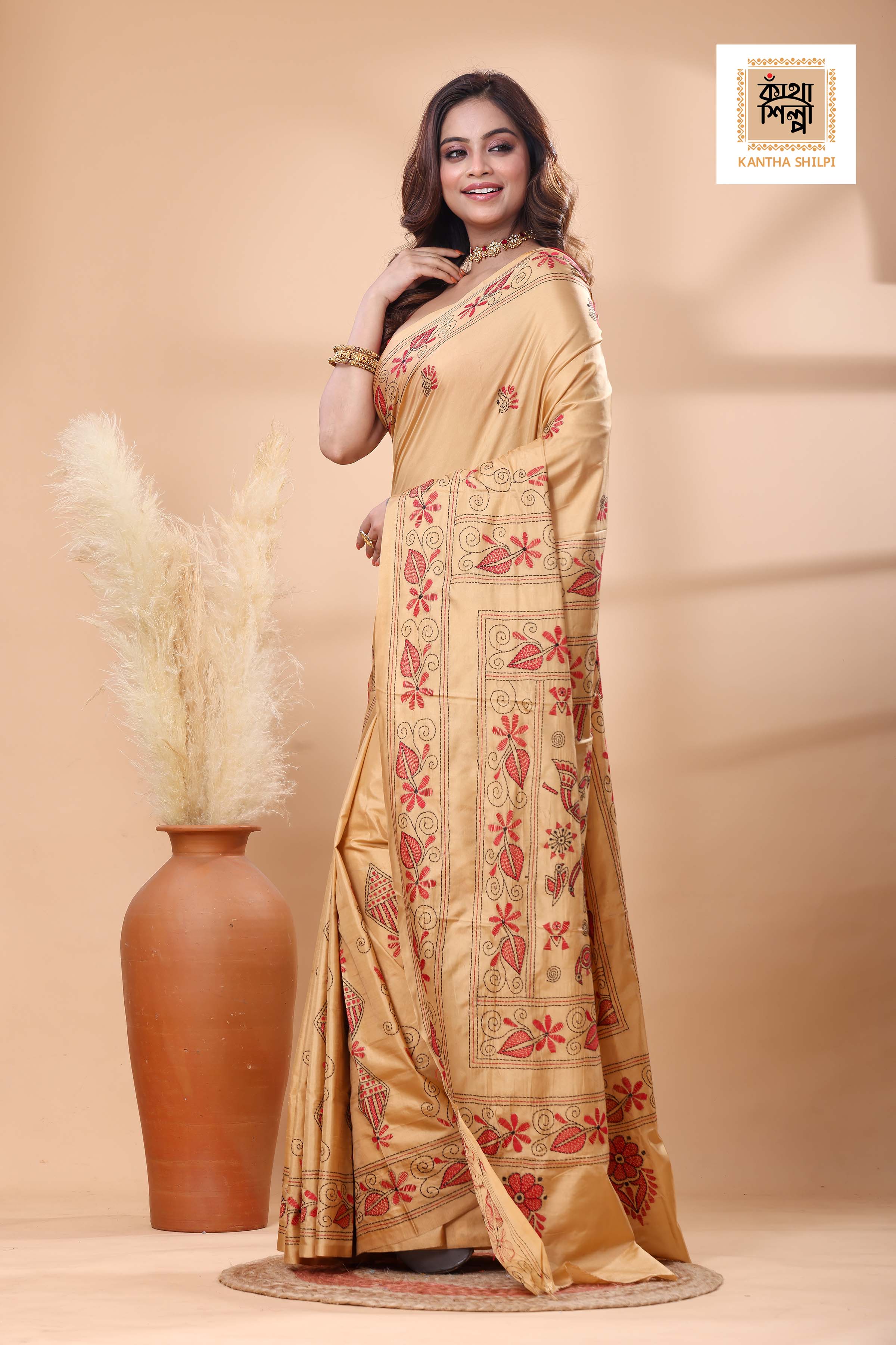 Beige Color Bangalore Silk Red Black color Thread Work Kantha Stitch Saree