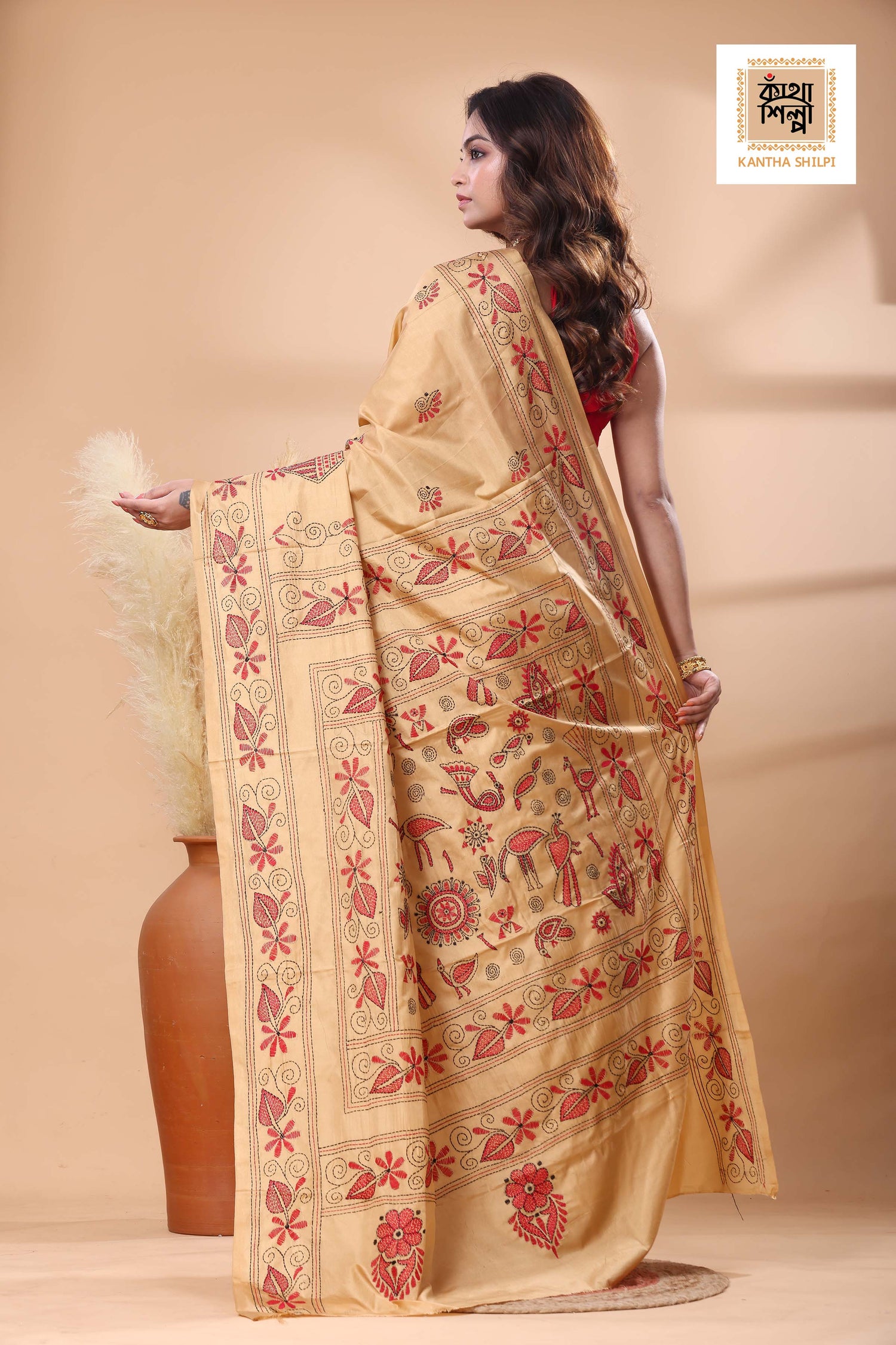 Beige Color Bangalore Silk Red Black color Thread Work Kantha Stitch Saree