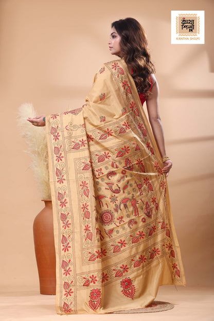 Beige Color Bangalore Silk Red Black color Thread Work Kantha Stitch Saree