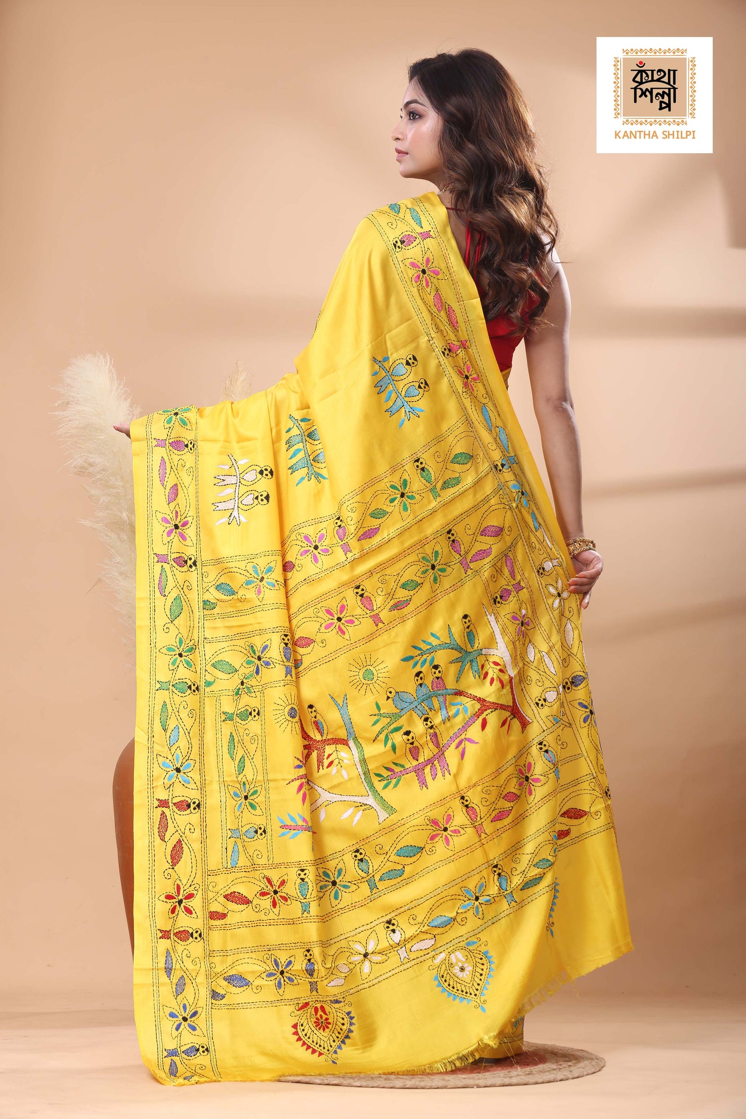 Yellow Color Bangalore Silk Multicolor Thread Work Kantha Stitch Saree