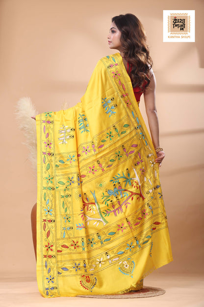 Yellow Color Bangalore Silk Multicolor Thread Work Kantha Stitch Saree