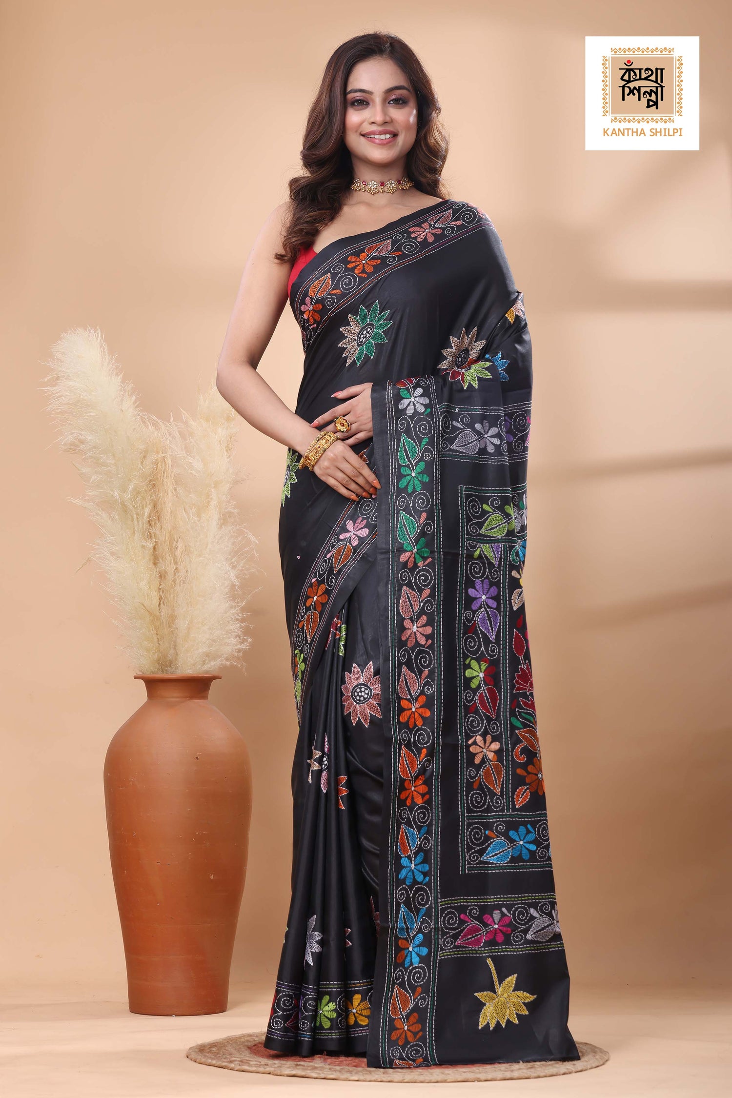 Black Color Bangalore Silk Multicolor Thread Work Kantha Stitch Saree
