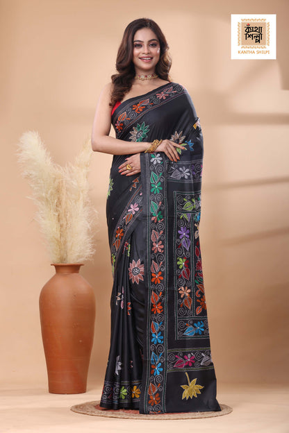 Black Color Bangalore Silk Multicolor Thread Work Kantha Stitch Saree