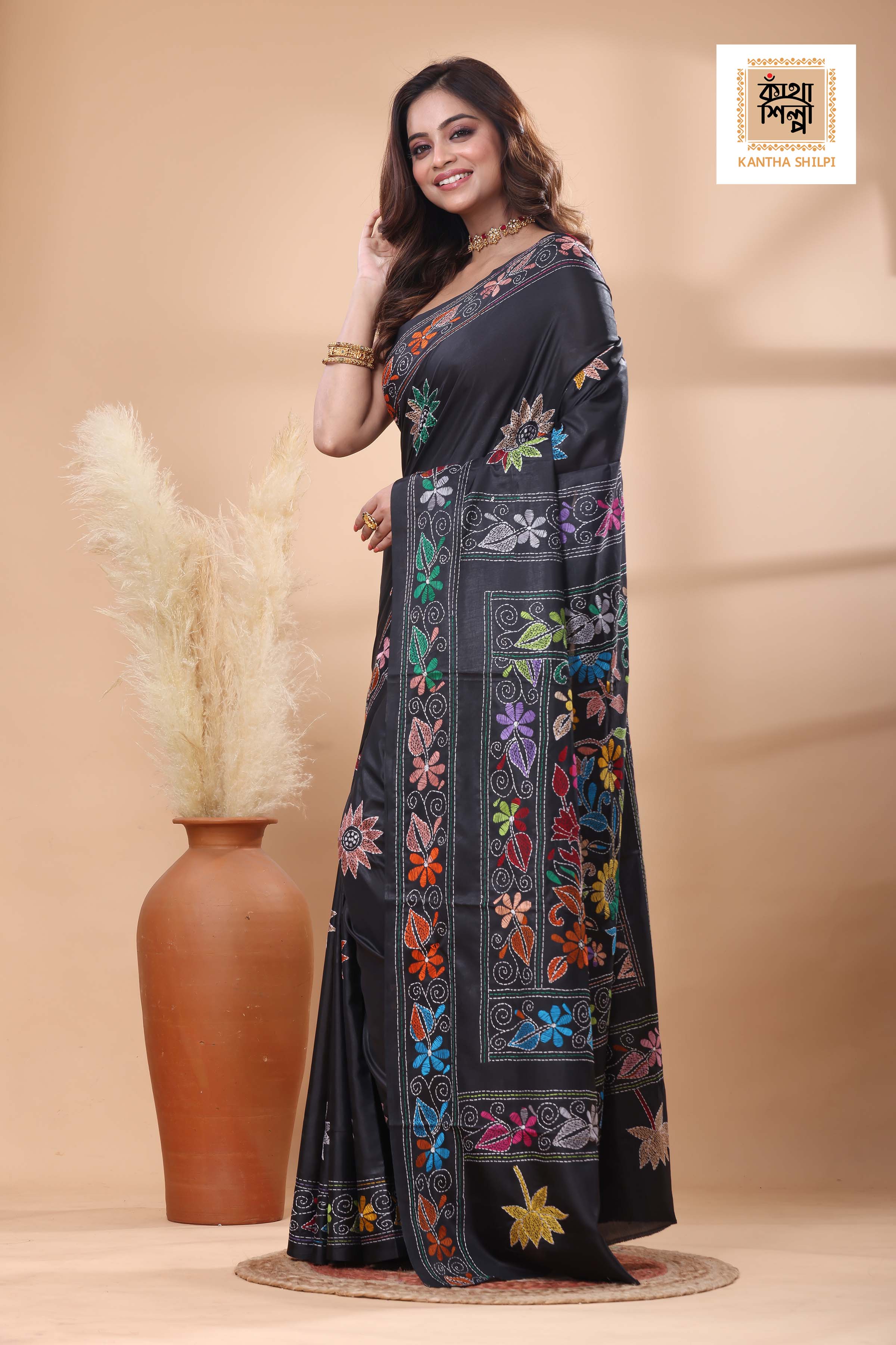 Black Color Bangalore Silk Multicolor Thread Work Kantha Stitch Saree