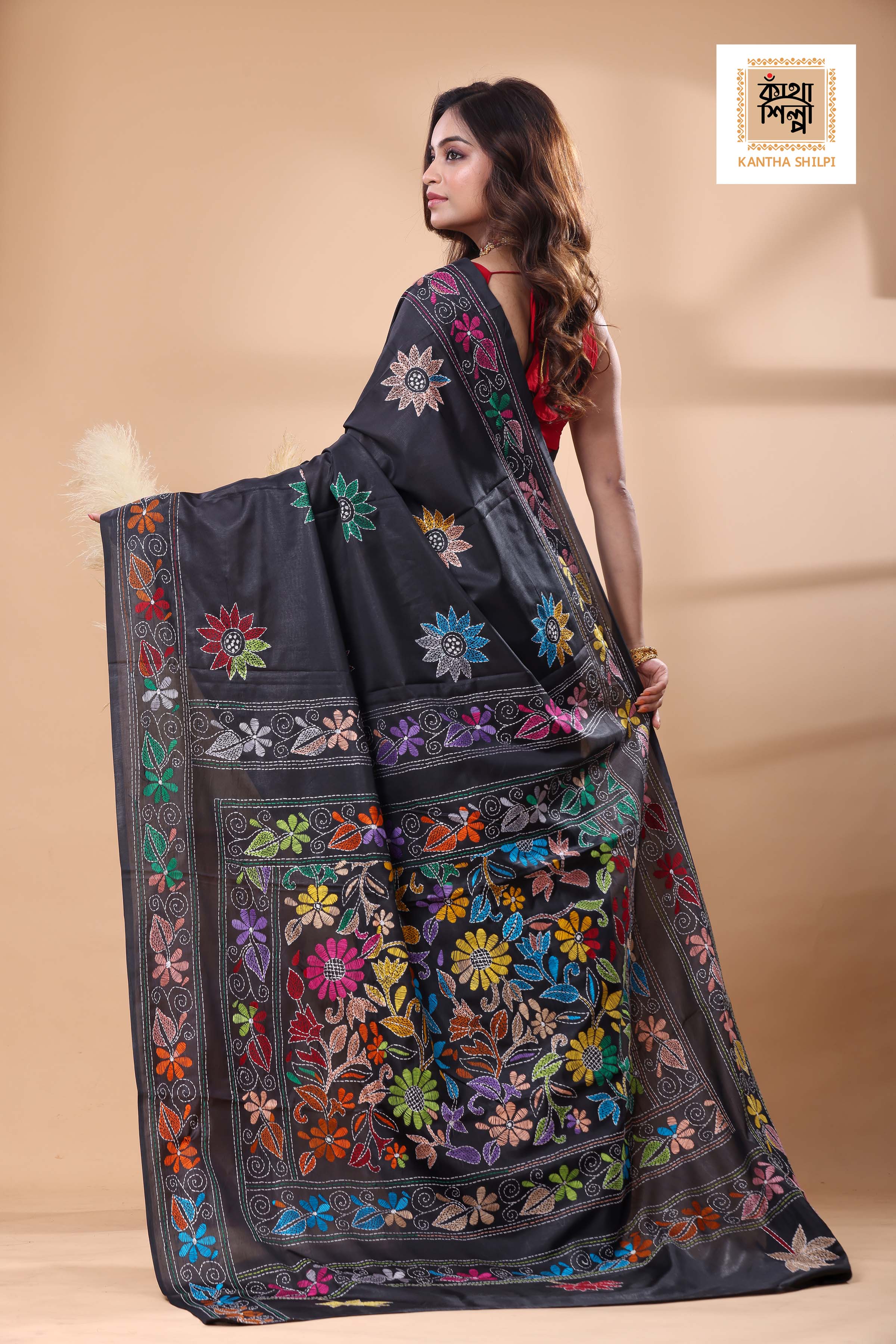 Black Color Bangalore Silk Multicolor Thread Work Kantha Stitch Saree