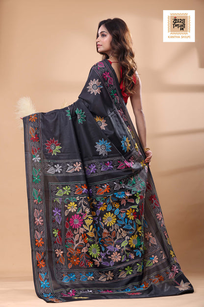 Black Color Bangalore Silk Multicolor Thread Work Kantha Stitch Saree
