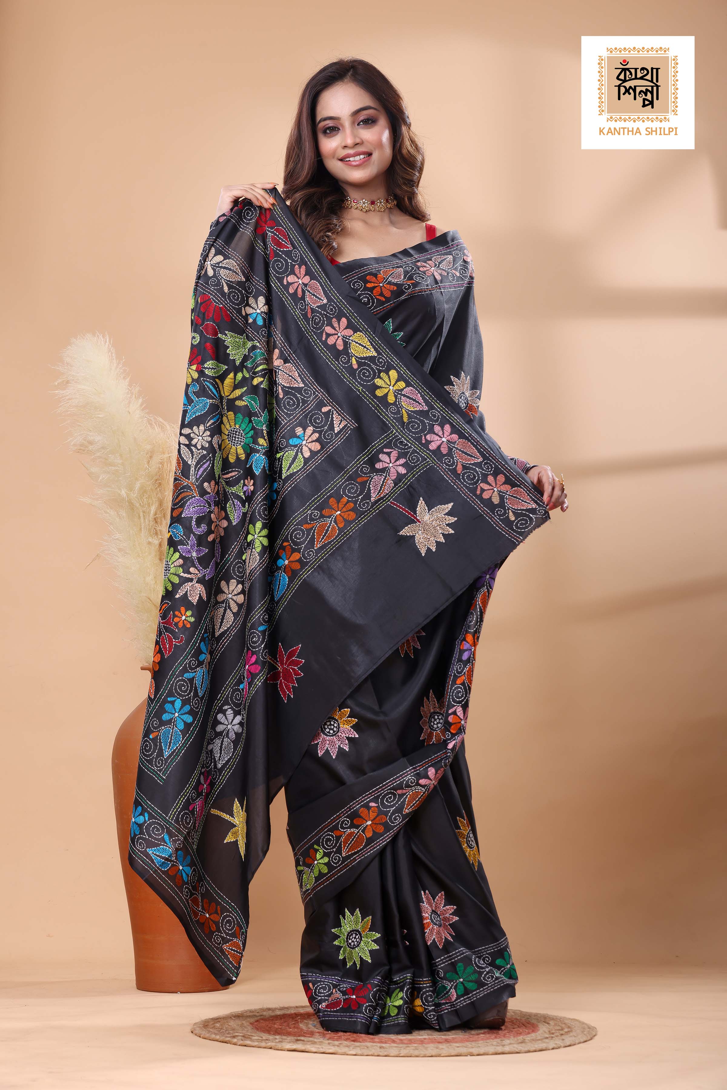 Black Color Bangalore Silk Multicolor Thread Work Kantha Stitch Saree