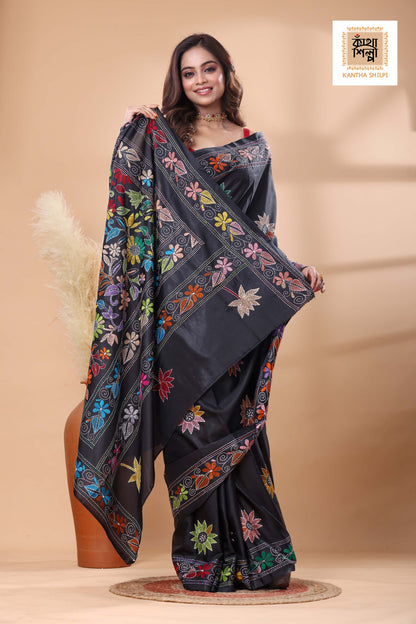 Black Color Bangalore Silk Multicolor Thread Work Kantha Stitch Saree