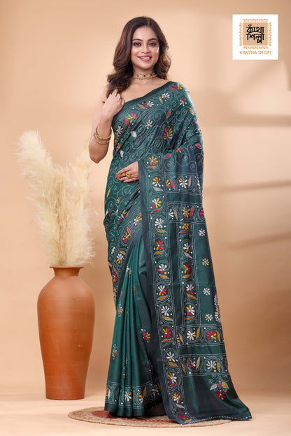 Green Color Bangalore Silk Multicolor Thread Work Kantha Stitch Saree