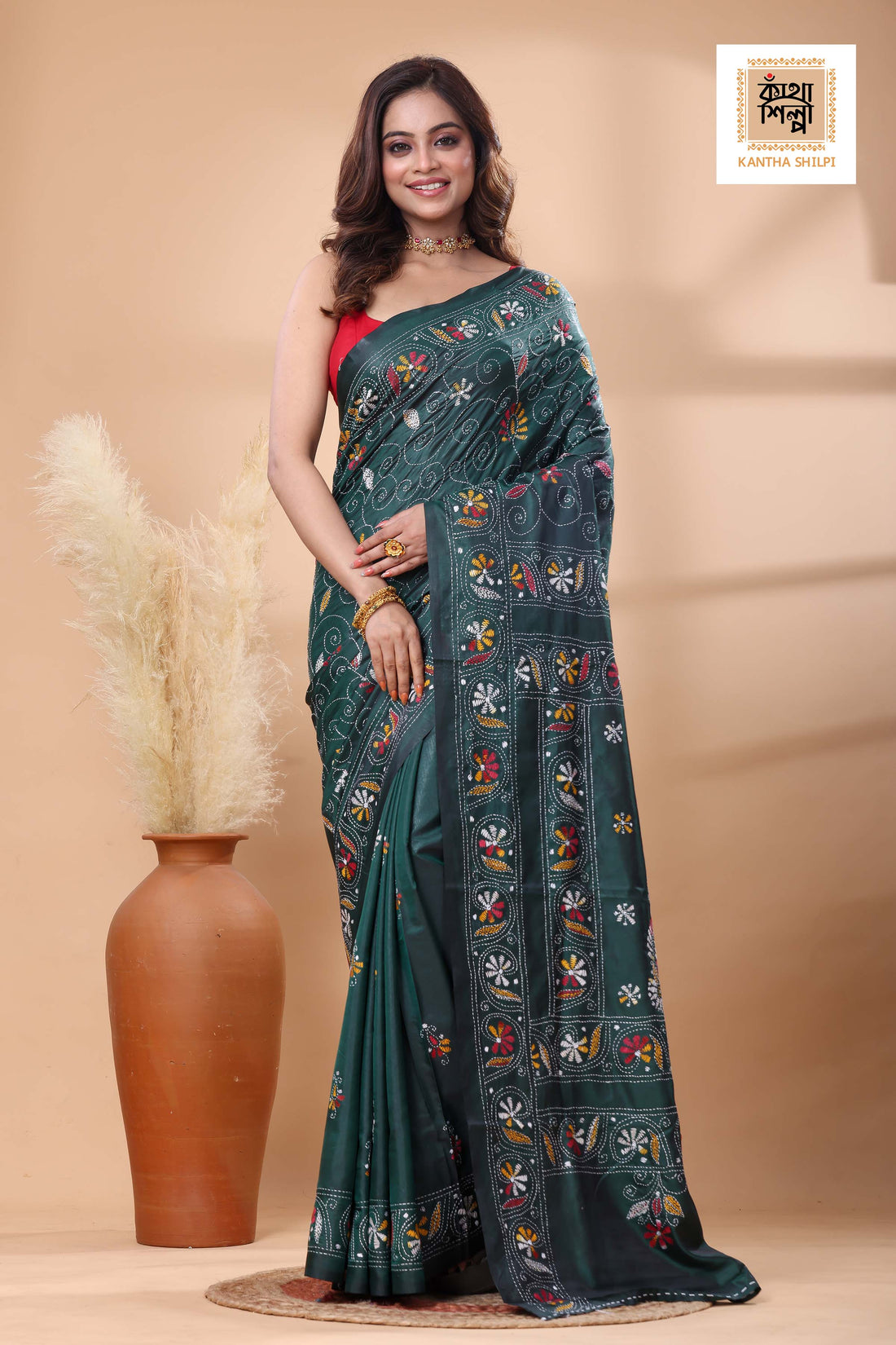 Green Color Bangalore Silk Multicolor Thread Work Kantha Stitch Saree