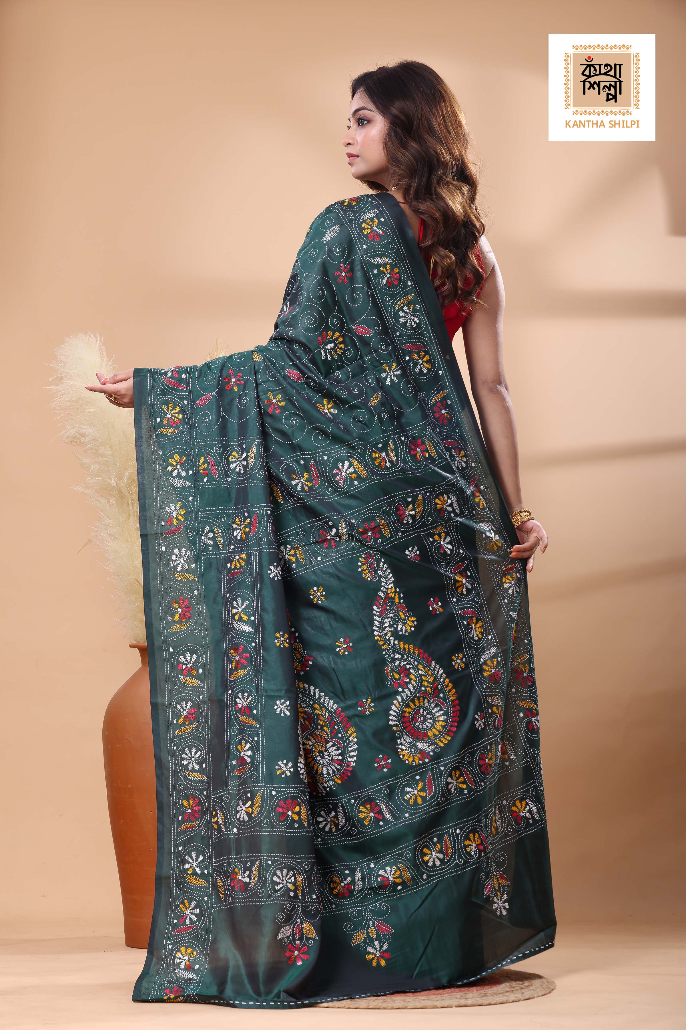 Green Color Bangalore Silk Multicolor Thread Work Kantha Stitch Saree