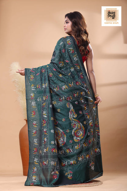 Green Color Bangalore Silk Multicolor Thread Work Kantha Stitch Saree