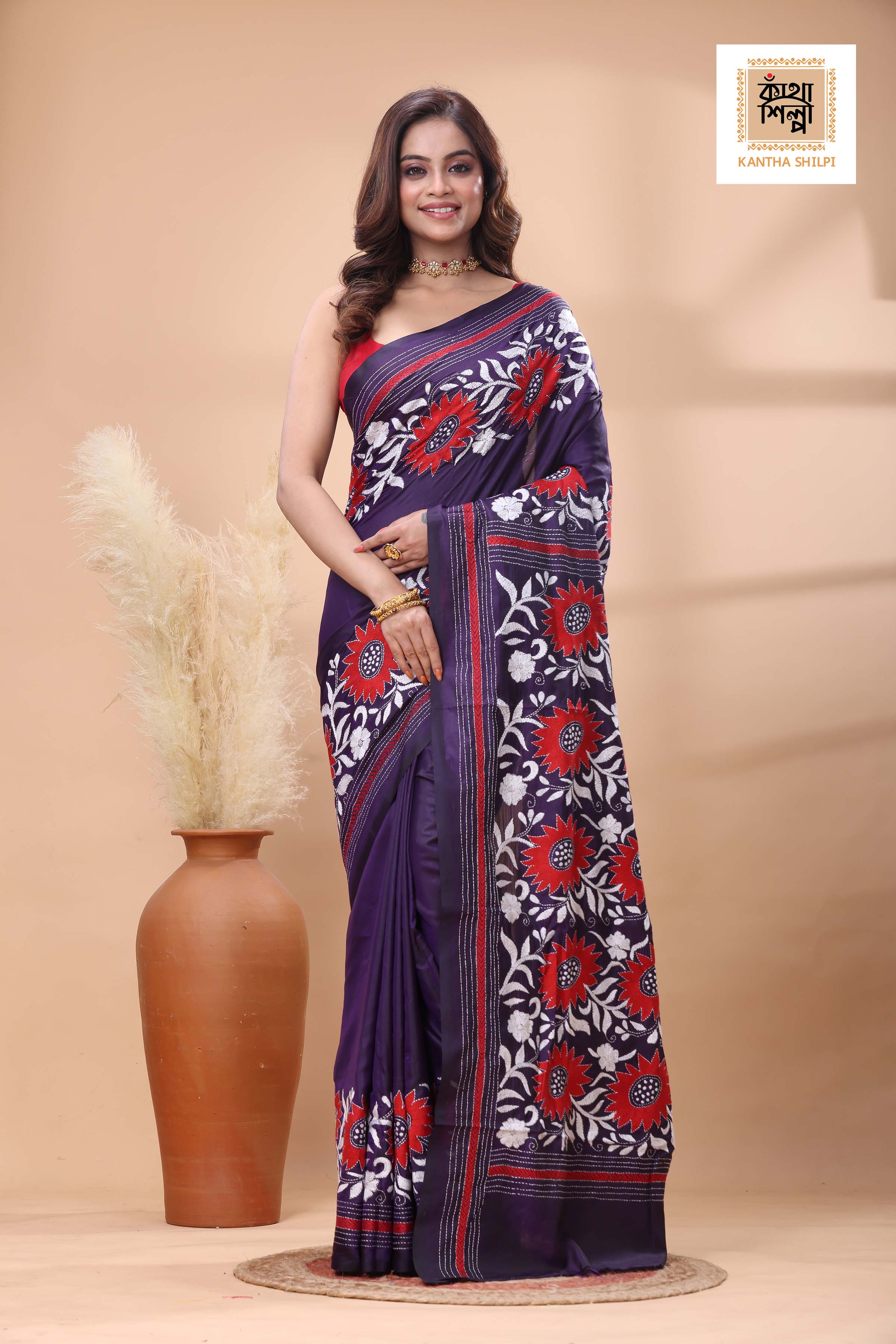 Purple Color Bangalore Silk White Red Color Thread Work Kantha Stitch Saree