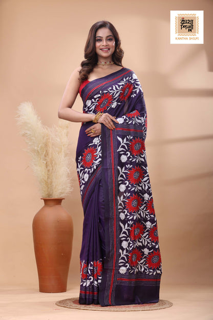 Purple Color Bangalore Silk White Red Color Thread Work Kantha Stitch Saree