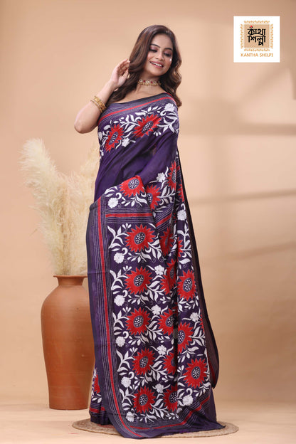 Purple Color Bangalore Silk White Red Color Thread Work Kantha Stitch Saree