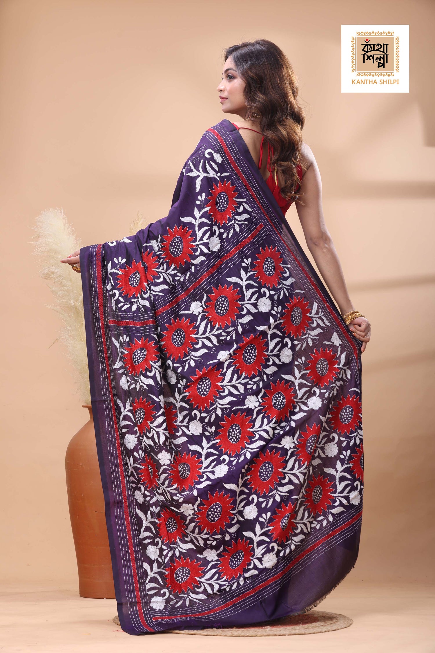 Purple Color Bangalore Silk White Red Color Thread Work Kantha Stitch Saree