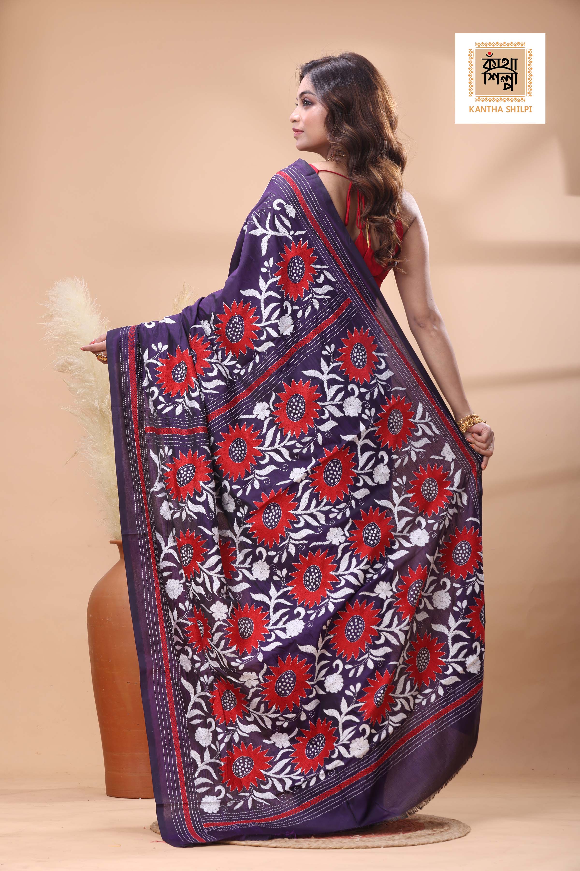 Purple Color Bangalore Silk White Red Color Thread Work Kantha Stitch Saree