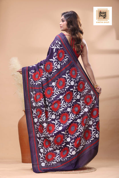 Purple Color Bangalore Silk White Red Color Thread Work Kantha Stitch Saree