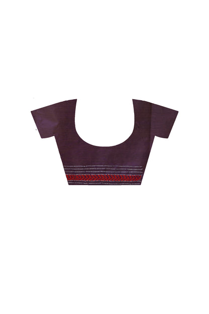 Purple Color Bangalore Silk White Red Color Thread Work Kantha Stitch Saree